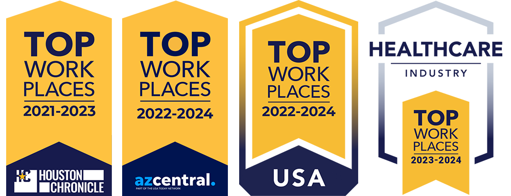 Award banners for "Top Workplaces: 2021, 2022, 2023" from the Houston Chronicle, USA, and AZCentral