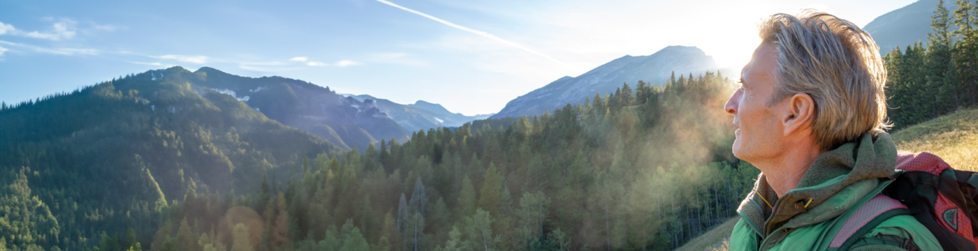 An older man looks out at a forest of pines and distant mountains 